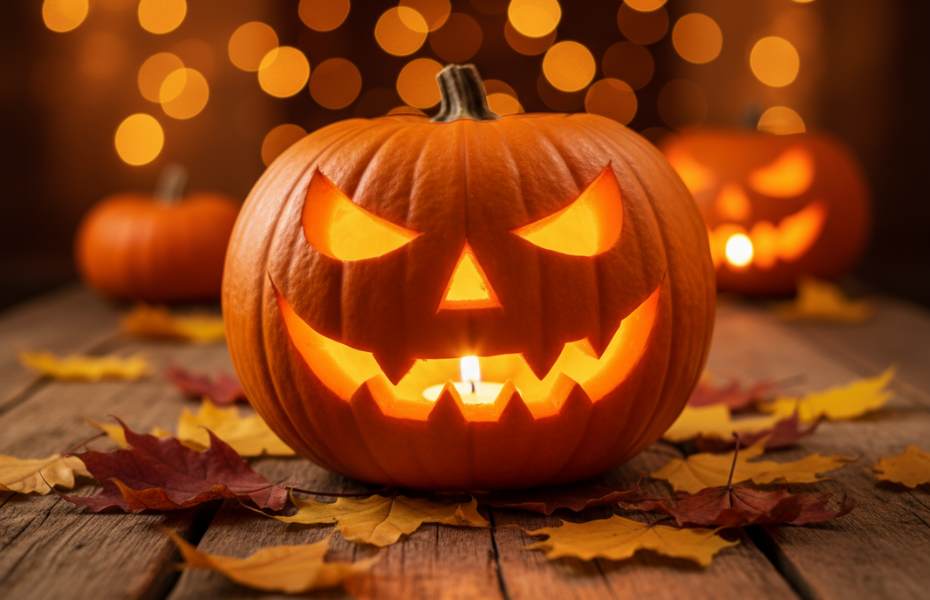 Halloweenpumpa med utskuret ansikte och tända ljus inuti.