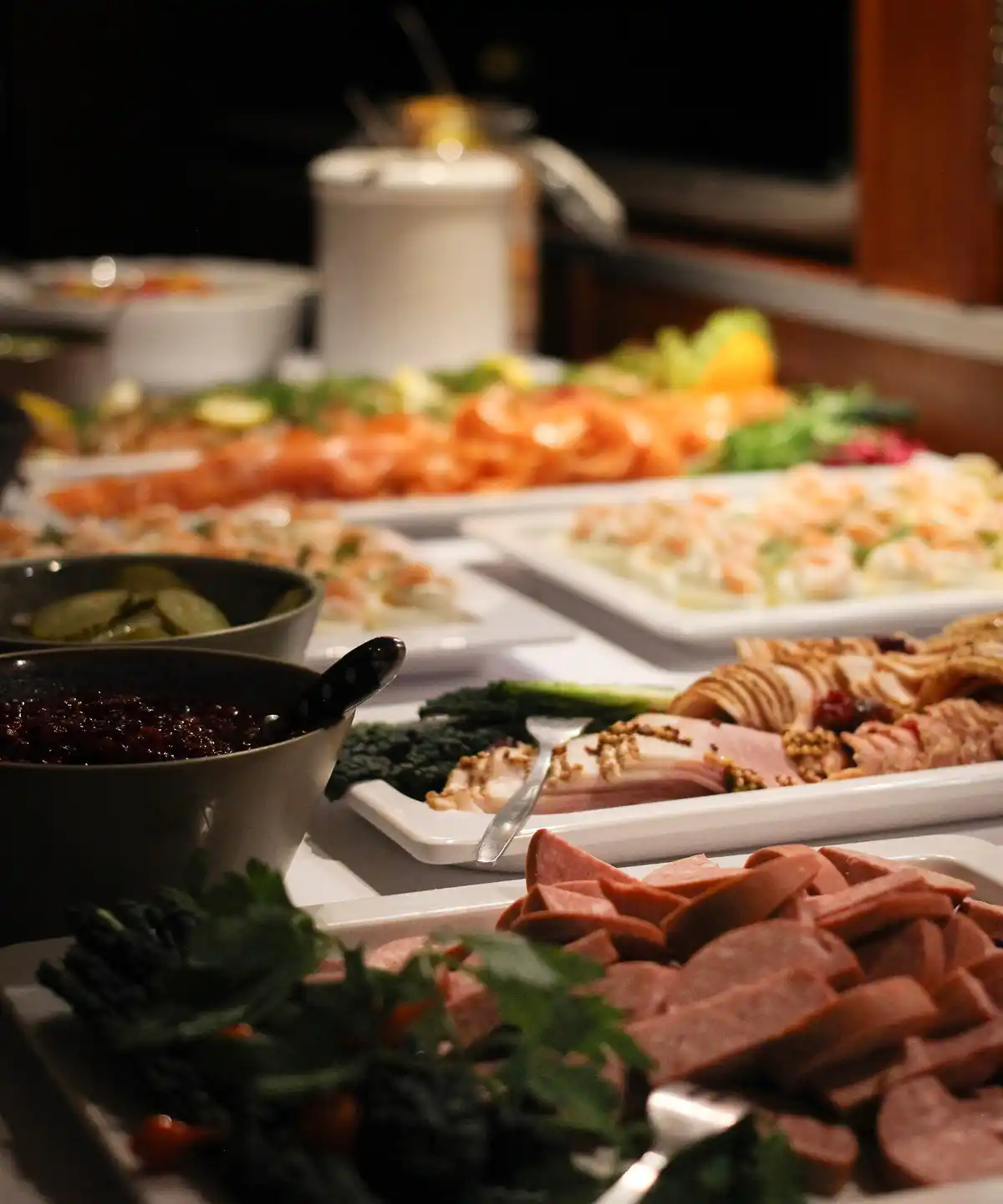 Christmas buffet with cold dishes and side dishes.